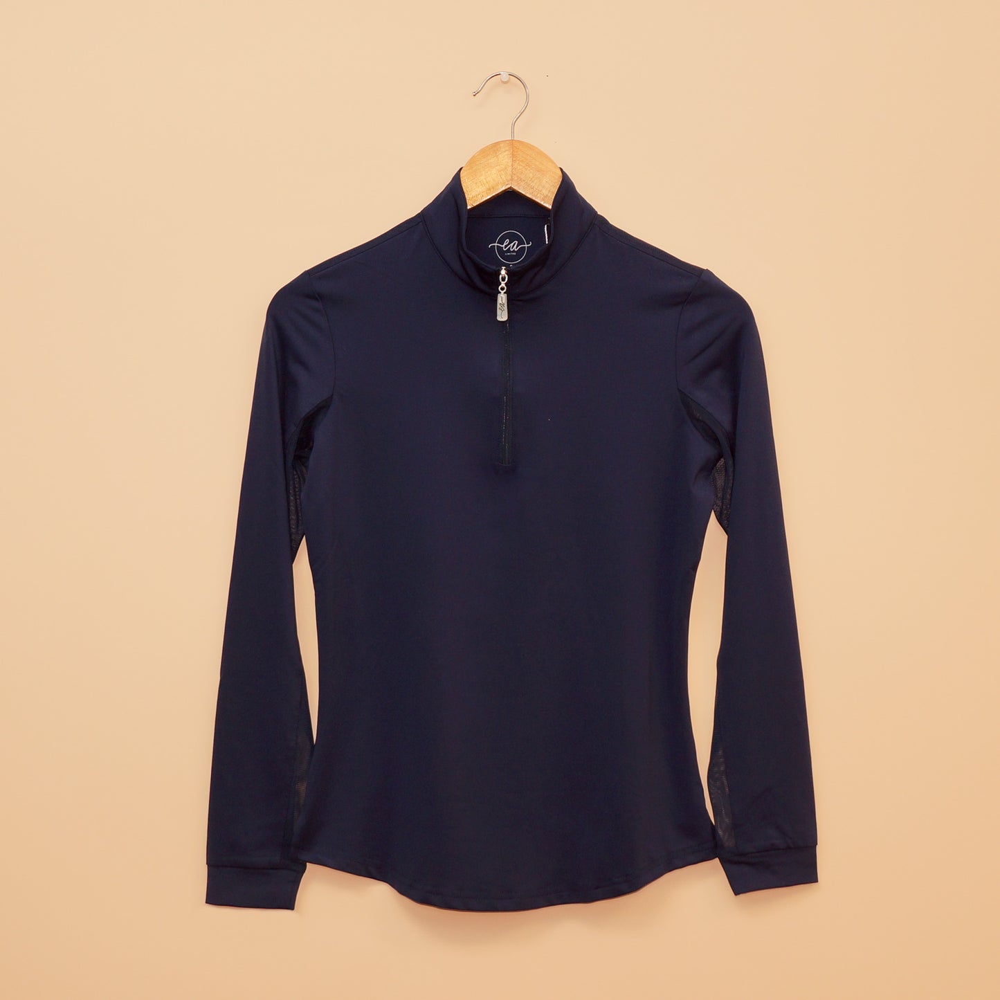 Stylish navy blue quarter-zip Sun Shirt by EA Limited Inc., offering UPF 50+ sun protection and a versatile look for outdoor activities.