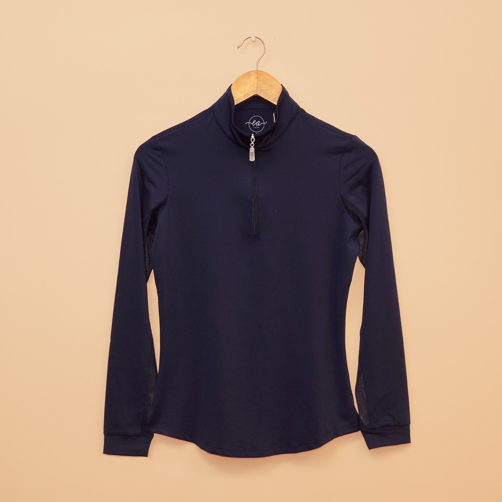 Stylish navy blue quarter-zip Sun Shirt by EA Limited Inc., offering UPF 50+ sun protection and a versatile look for outdoor activities.